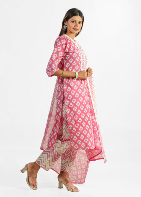 Pink Printed Cotton Kurta Set for Women