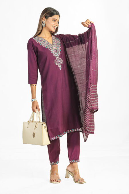 Rich Wine Embroidered Cotton Kurta Set with Woven Dupatta and Straight Pants