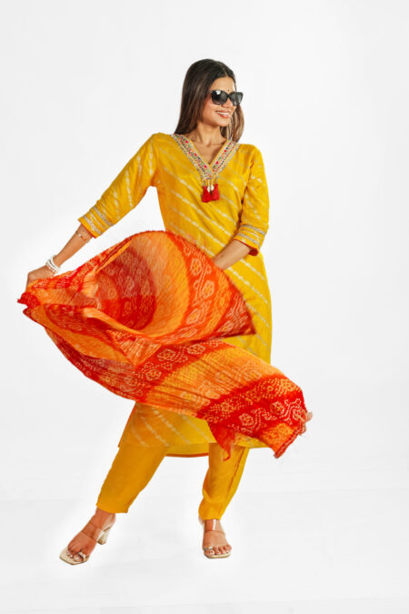 Radiant Yellow Kurta Set with Red Bandhani Dupatta
