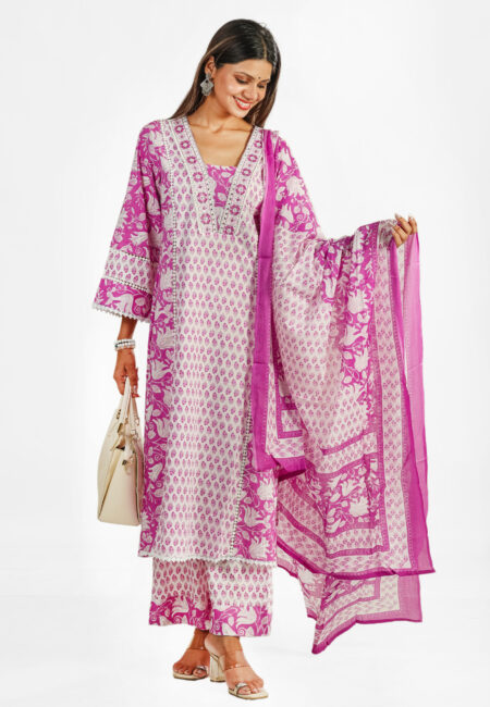 Elegant Pink Floral Printed Cotton Kurta Set with Dupatta for Women