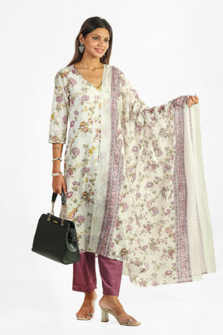 Elegant Floral Printed Cotton Kurta Set with Dupatta & Mauve Solid Pants