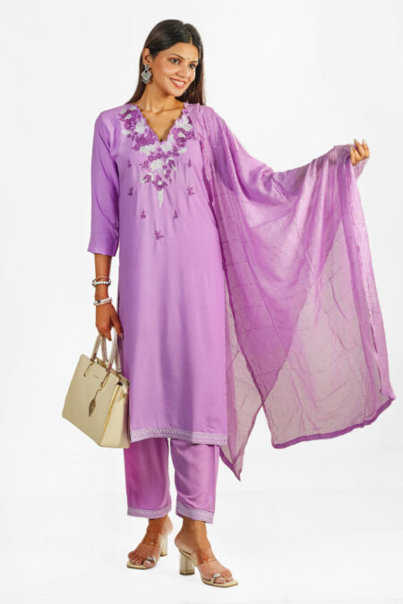 Simple Lavender Embroidered Kurta Set