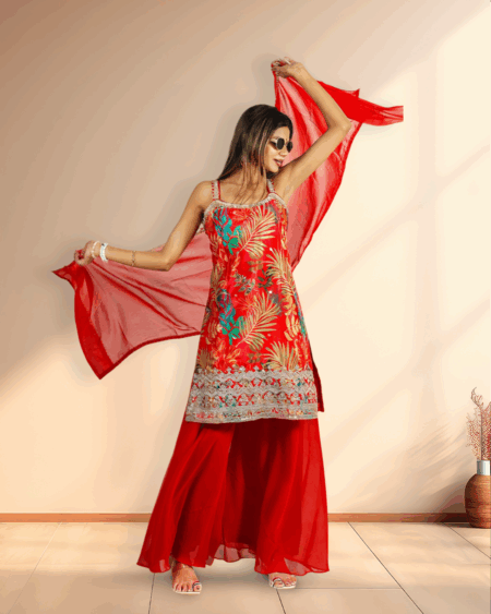 Vibrant Red Tropical Print Strappy Kurta Set with Embroidered Gharara & Chiffon Dupatta
