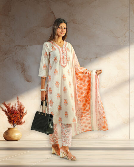Peach & Cream Printed Cotton Kurta Set with Dupatta for Women