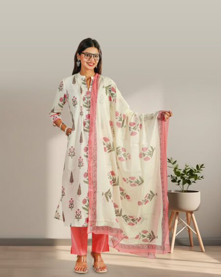 Elegant Floral Block Print Cotton Kurta for Women – Off Cream & Pink