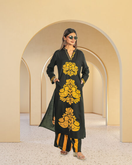 Elegant Black Kurta Set with Yellow Embroidery and Striped Palazzo