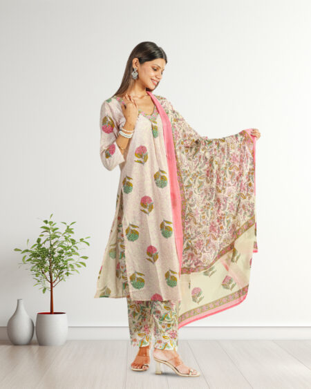 Traditional Hand Block Printed Cotton Kurta Set with Coordinated Pants & Dupatta