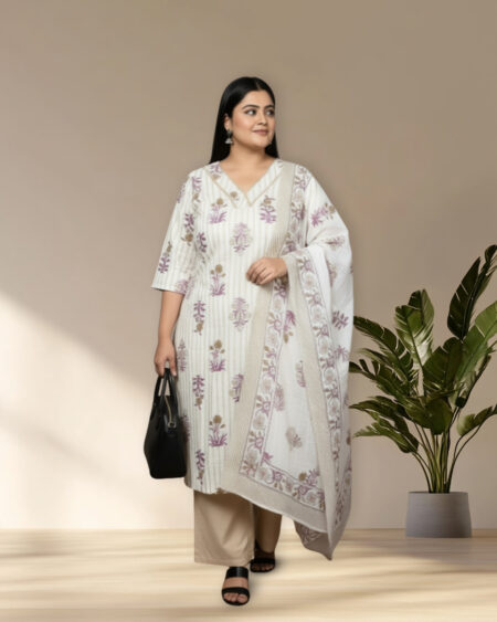 Off-White and Beige Floral Printed Cotton Kurta Set with Dupatta for Women (Plus Size)