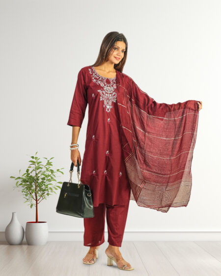 Maroon Embroidered Cotton Kurta Set with Dupatta for Women