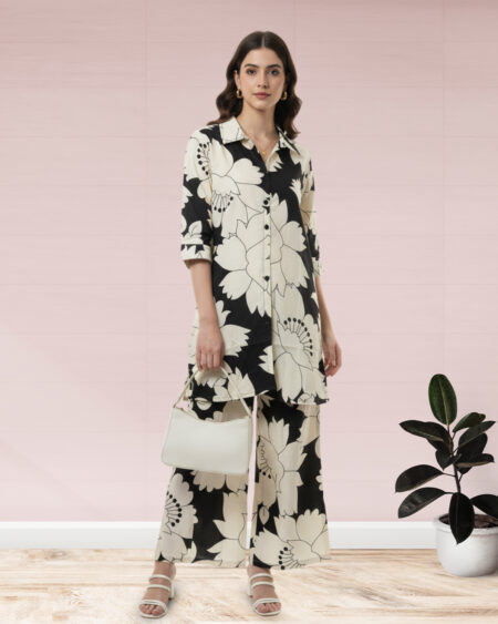 Black and Cream Floral Printed Co-ord Set for Women