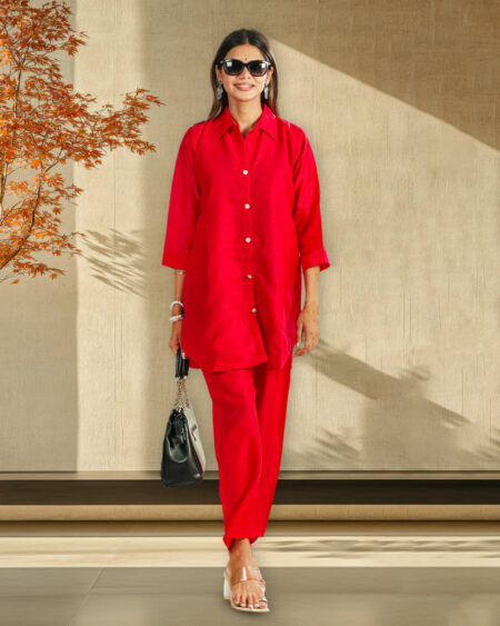 Classic Red Solid Cotton Co-ord Set for Women