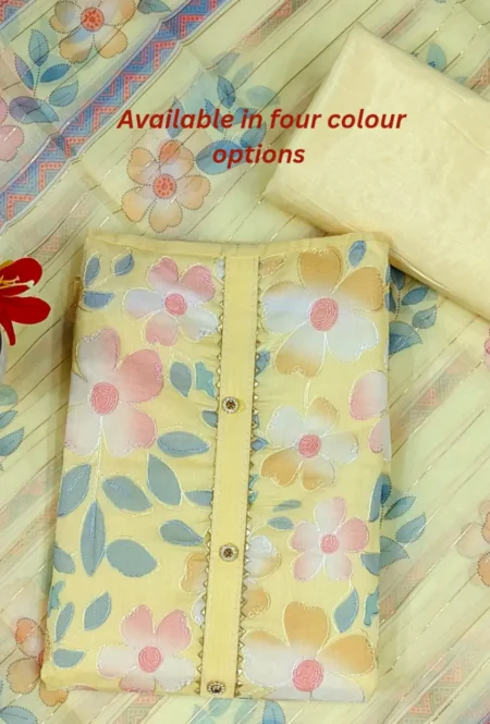 Soft Lemon Yellow and Pink Floral Print Organza Unstitched Suit Material