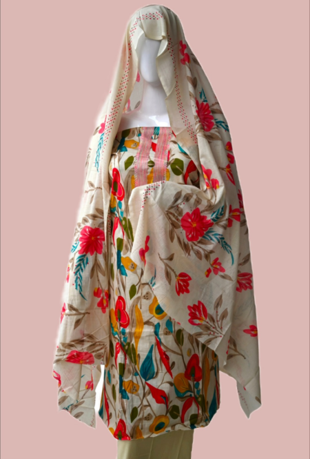 Beige Multicolour Tropical Floral Print Unstitched Cotton Kurti Fabric