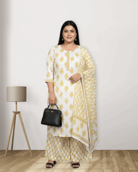 Off-White and Yellow Floral Printed Cotton Kurta Set with Dupatta for Women (Plus Size)