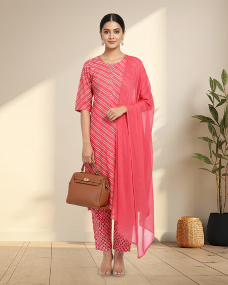 Elegant Pink Printed Cotton Kurta Set with Dupatta for Women