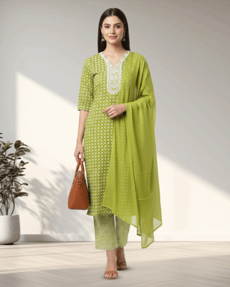 Elegant Green Printed Cotton Kurta Set with Dupatta for Women