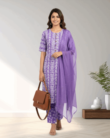 Lavender Purple and White Ikat Print Three-Piece Cotton Suit Set with Chiffon Dupatta