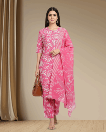 Pink Cotton Floral Printed Kurta Set with Dupatta for Women