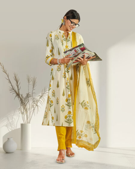 Traditional Hand Block Printed Yellow Anarkali Kurta Set with Dupatta & Solid Pants