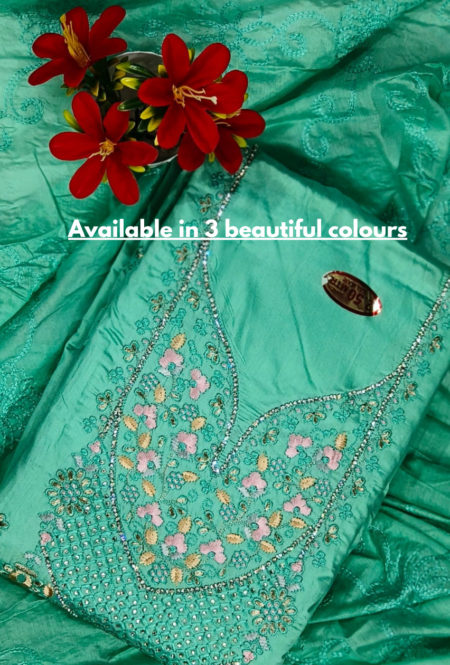 Elegant Beige and Pastel Embroidered Unstitched Chanderi Suit Set