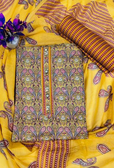 Bright Yellow and Multicolour Paisley Print Unstitched Cotton Suit Set