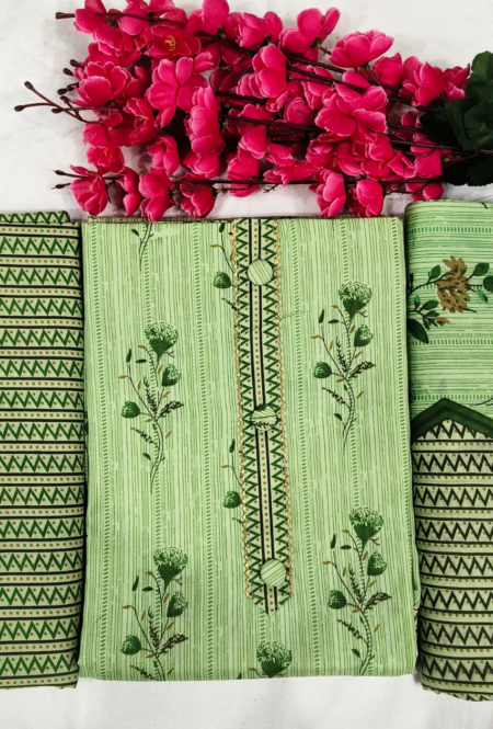 Unstitched Pistachio Green Printed Cotton Suit Fabric with Striped Bottom and Printed Dupatta