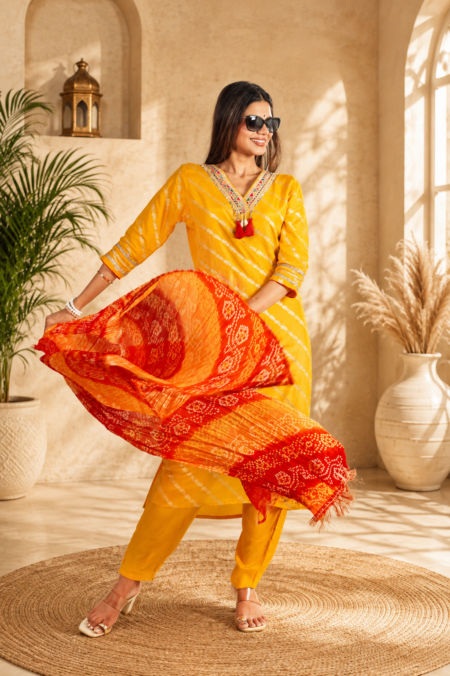 Radiant Yellow and Red Kurta Set with Bandhani Dupatta