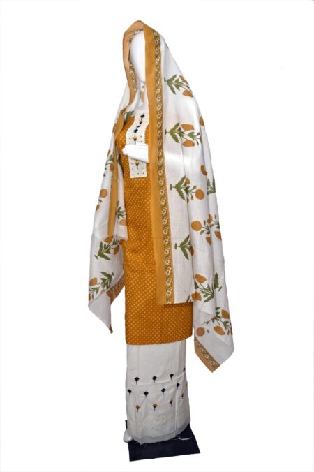 Mustard Yellow and White Block Print Unstitched Cotton Suit Set