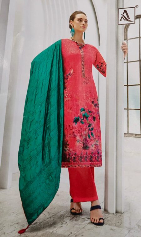 Striking Red and Turquoise Embroidered Unstitched Suit Set