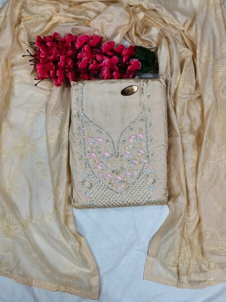 Elegant Beige and Pastel Embroidered Unstitched Chanderi Suit Set
