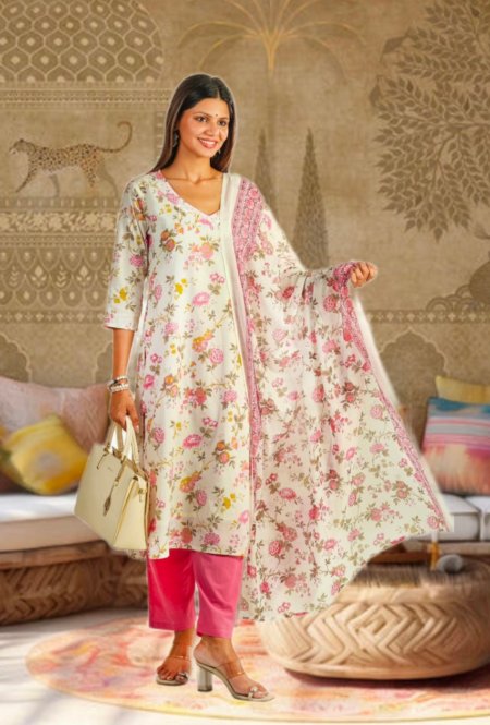 Elegant Floral Printed Cotton Kurta Set with Dupatta & Mauve Solid Pants