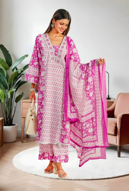 Elegant Pink Floral Printed Cotton Kurta Set with Dupatta for Women