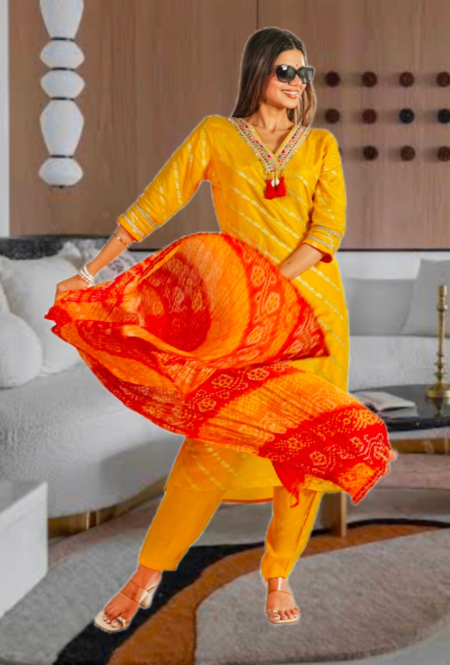 Radiant Yellow and Red Kurta Set with Bandhani Dupatta