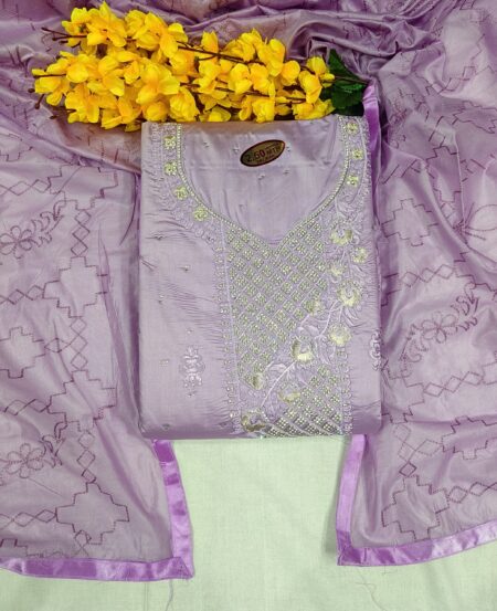 Lavender Purple Embroidered Unstitched Chanderi Silk Suit Set with Geometric Dupatta