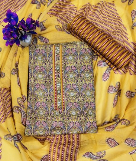 Bright Yellow and Multicolour Paisley Print Unstitched Cotton Suit Set