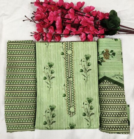 Unstitched Pistachio Green Printed Cotton Suit Fabric with Striped Bottom and Printed Dupatta