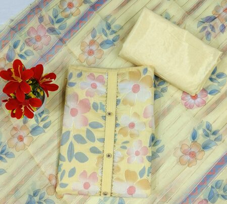 Soft Lemon Yellow and Pink Floral Print Organza Unstitched Suit Material