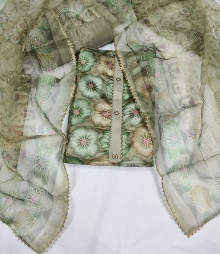 Sage Green and Beige Floral Print Organza Unstitched Suit Material