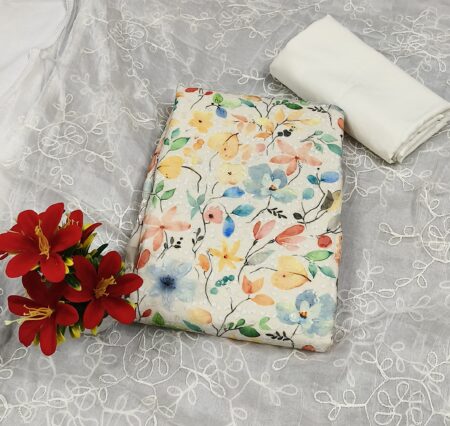 Ivory Multi-Pastel Floral Print Unstitched Suit Set