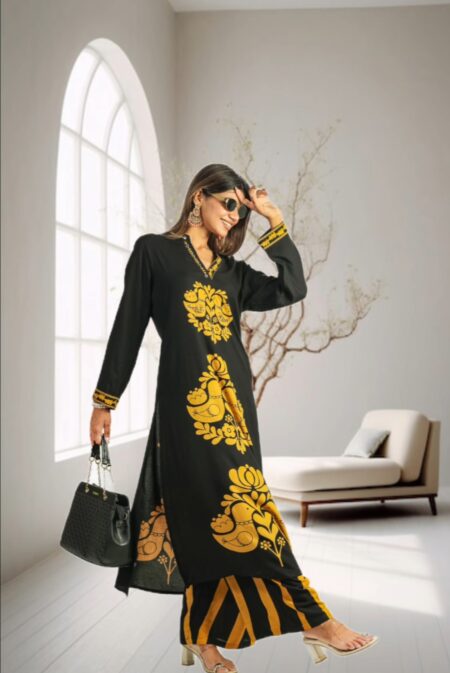 Elegant Black Kurta Set with Yellow Embroidery and Striped Palazzo