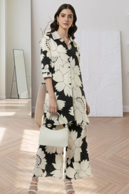 Black and Cream Floral Printed Co-ord Set for Women