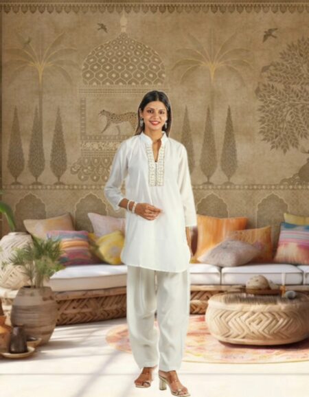 Elegant Ivory White Cotton-Silk Tunic and Pant Set