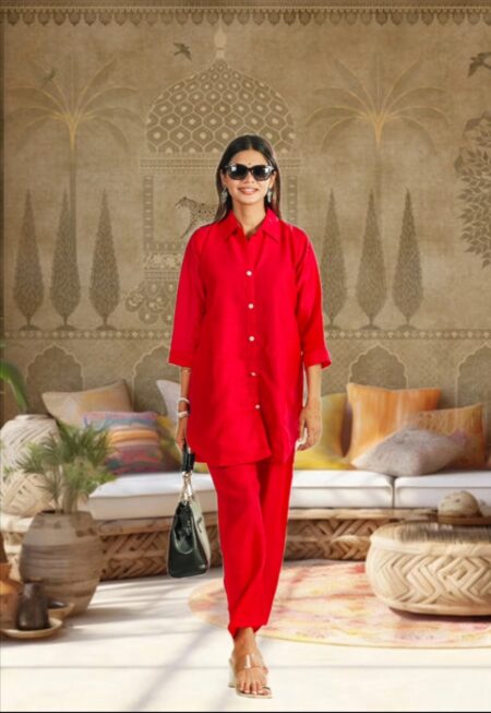 Classic Red Solid Cotton Co-ord Set for Women