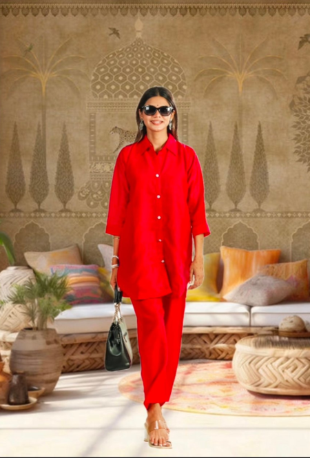 Classic Red Solid Cotton Co-ord Set for Women