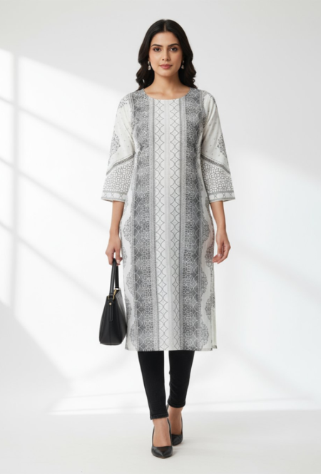 Elegant Grey and White Printed Cotton Kurti for Women | Office & Casual Wear