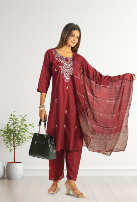 Maroon Embroidered Cotton Kurta Set with Dupatta for Women