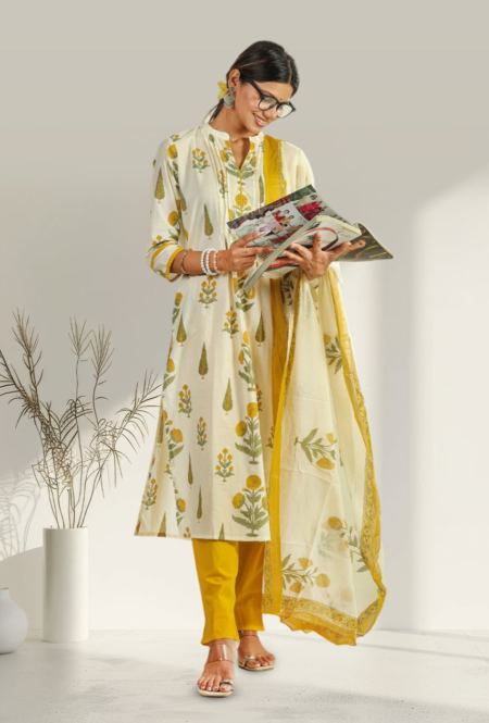 Traditional Hand Block Printed Yellow Kurta Set with Dupatta & Solid Pants