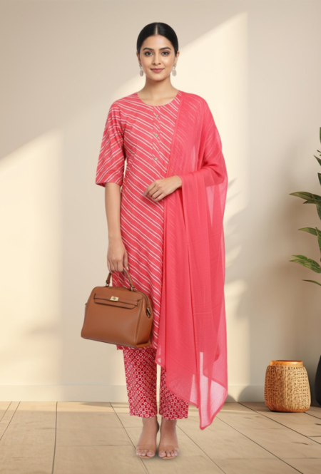 Elegant Pink Printed Cotton Kurta Set with Dupatta for Women