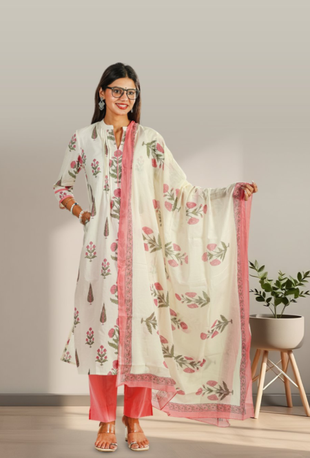Elegant Floral Block Print Cotton Kurta for Women – Off Cream & Pink