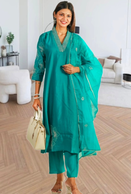 Teal Embroidered Silk Kurta Set with Dupatta